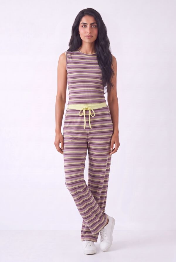 Wine Contrast Sleeveless Striped Top  And Relaxed Trouser