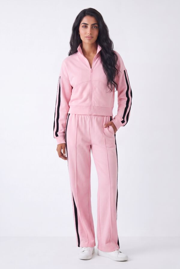 Pink Interlock 2 Stripe Sweatshirt With Wide Leg Trouser