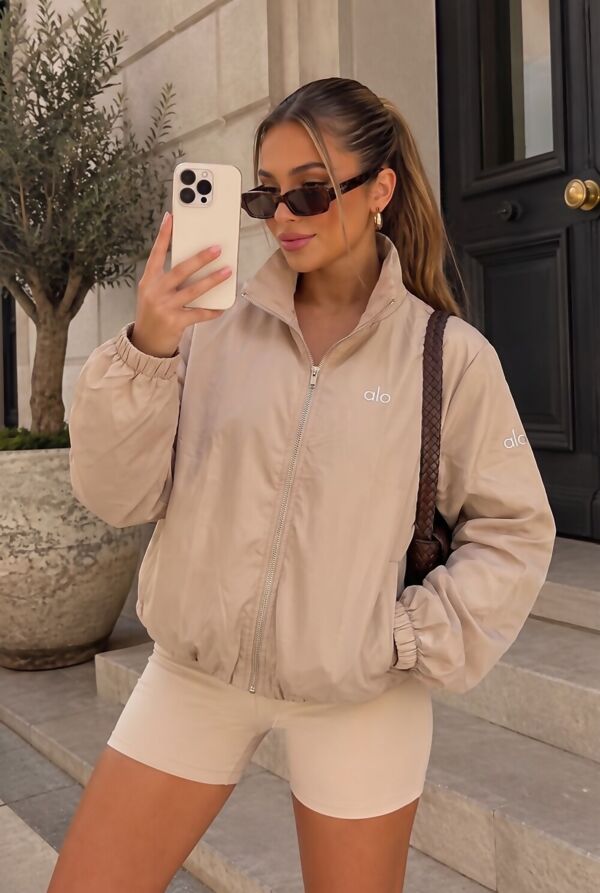 Chocolate Balloon Sleeve Printed Lined Zip Windbreaker Jacket