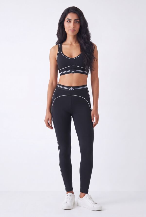 Black Striped Printed Band Gym Crop Top And Legging Set