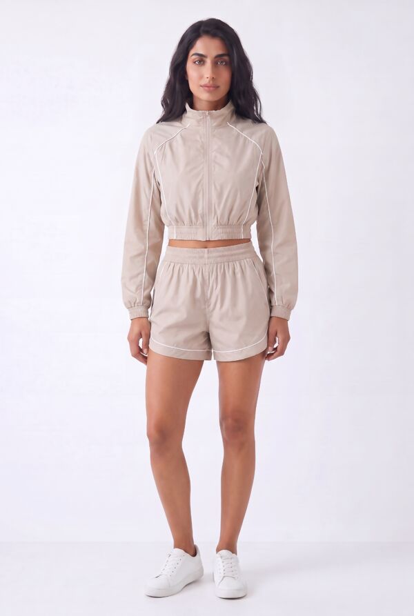 Beige Cropped Zip-Up Track Jacket And Running Shorts