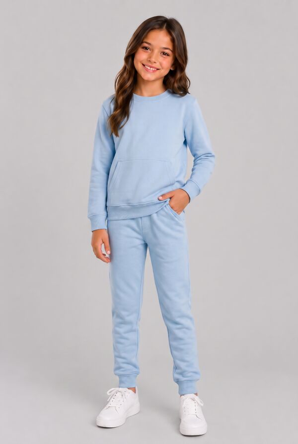 Sky Blue Kids Round Neck Sweatshirt With Bottom Tracksuits