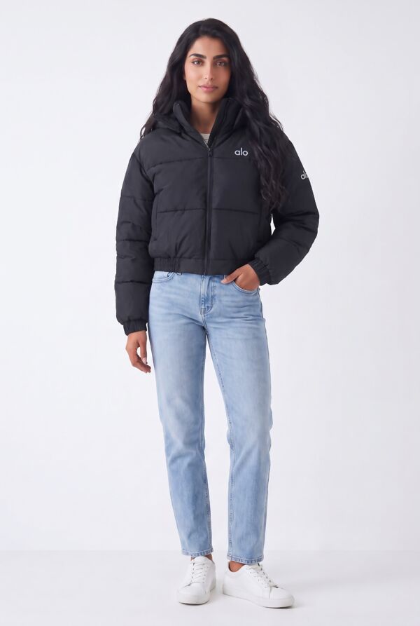 Black Short Hooded Printed Puffer Coat