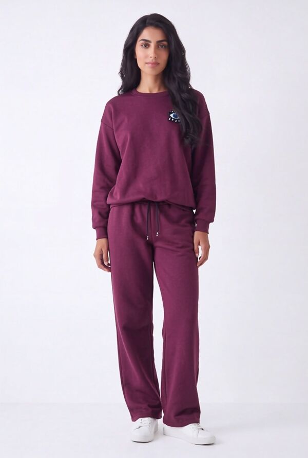 Burgundy Eye Patch Sweatshirt & Drawstring Wide-Leg Pants Co-Ord Set