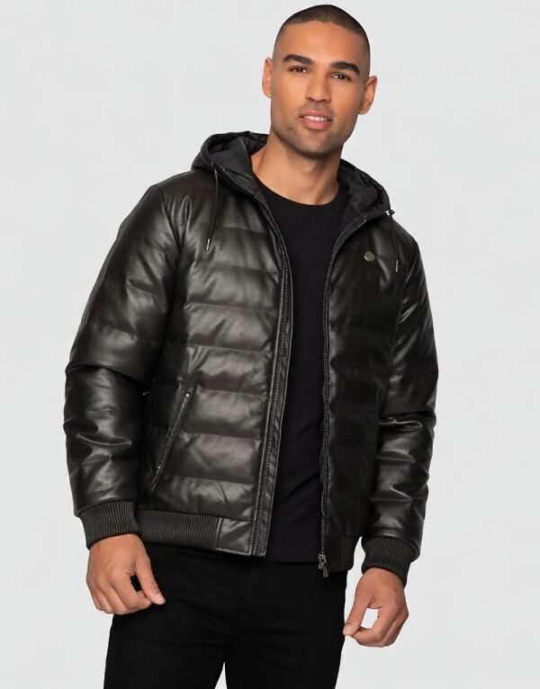 Black Pu Bubble Jacket With Detachable Hood