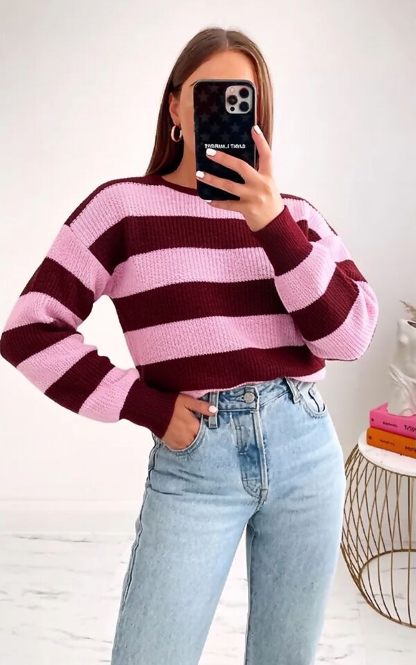 Wine With Pink Long Sleeve Stripe Balloon Jumper