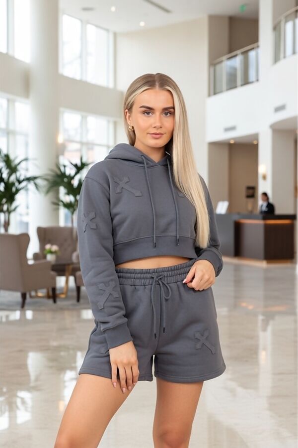 Slate Grey Crucifix Cross Cropped Hooded Short Set