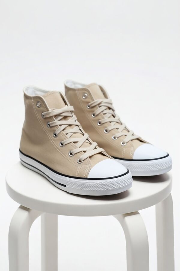 Beige Canvas High Top White Lace Up Trainers