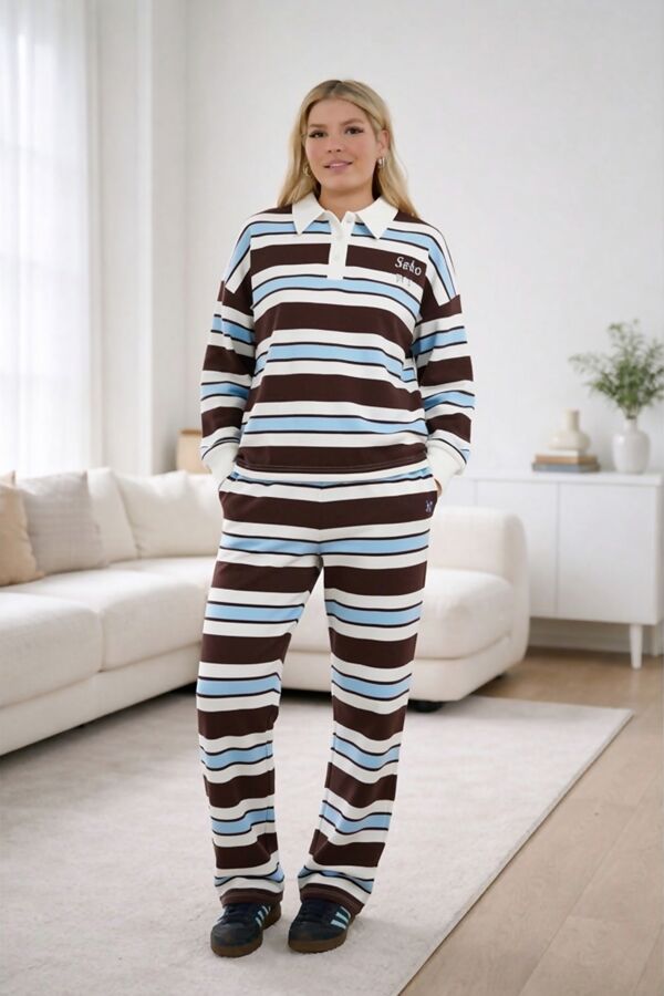 Brown Striped Rugby Collar SOHO Printed Sweatshirt With Trouser