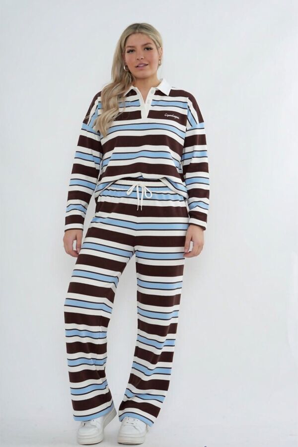Brown Rugby Contrast Striped Sweatshirt With Wide Leg Trousers