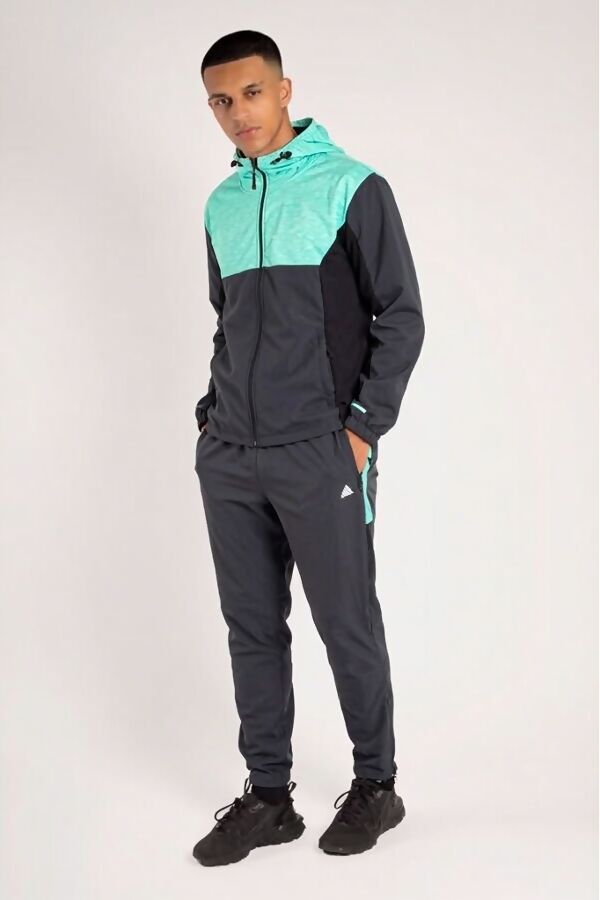 Mint Colorblock Zip Front Hooded Jacket With Tapered Jogger Set