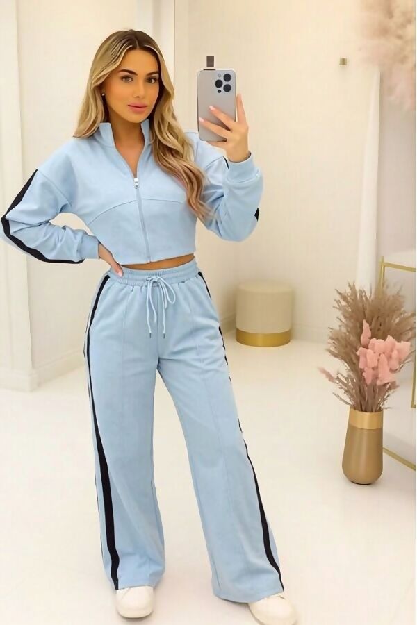 Blue Interlock 2 Stripe Sweatshirt With Wide Leg Trouser