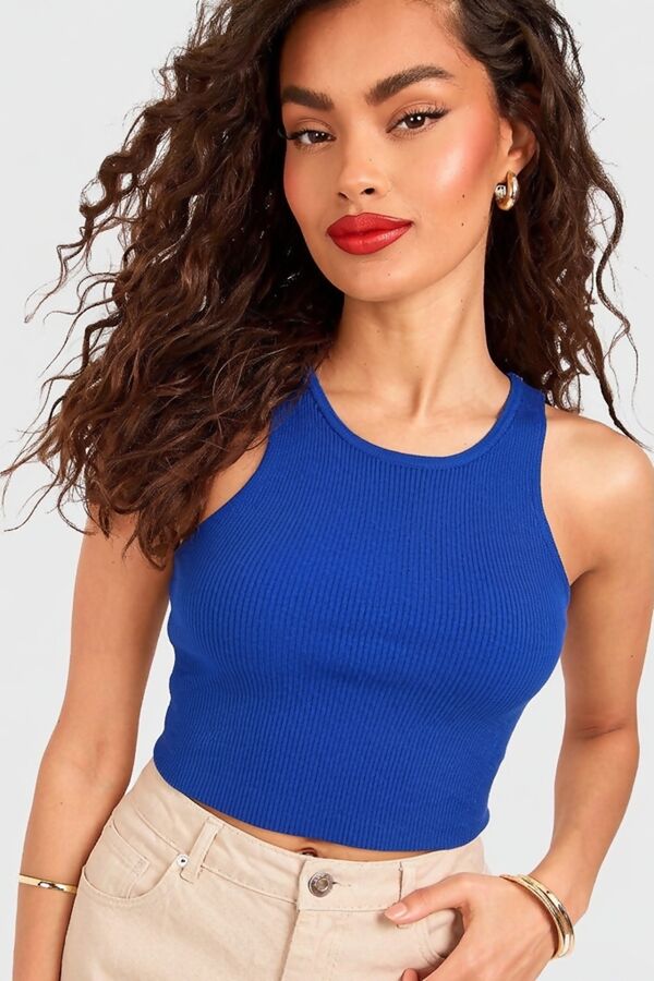 Royal Blue Racer Neck Rib Crop Top