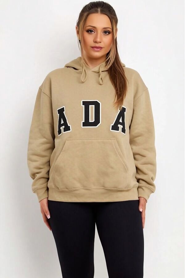 Beige Oversized Bold Lettered Printed Fleece Hoodie