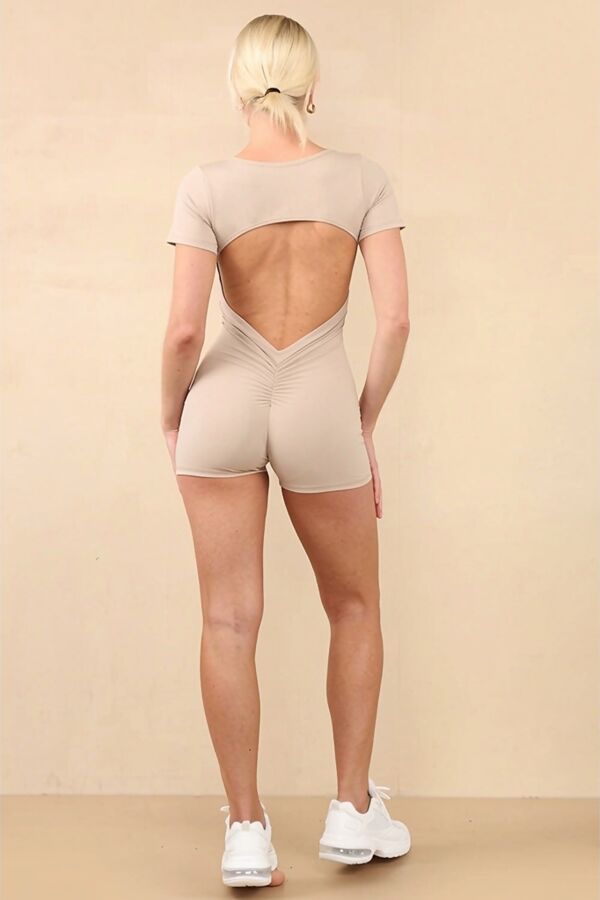 Beige Padded Cut Out Back Push Up Unitard