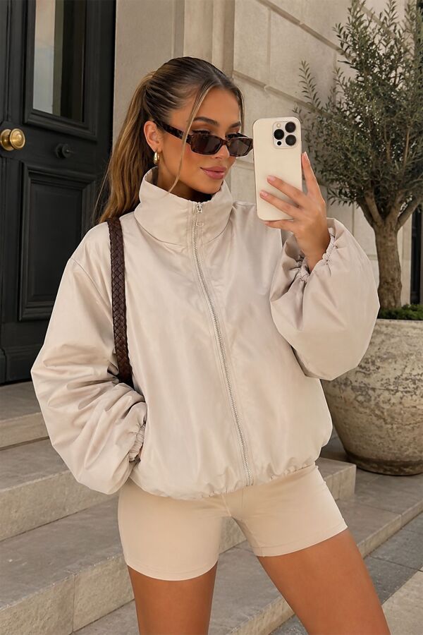Beige Balloon Sleeve Lined Zip Windbreaker Jacket