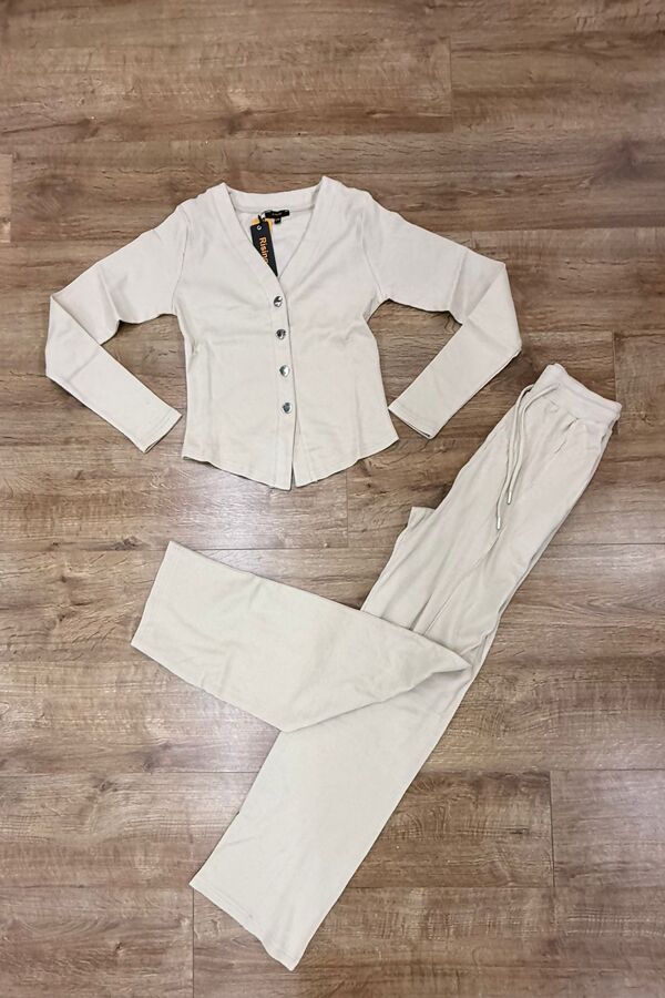 Oatmeal Soft Ribbed Buttoned Cardigan With Wide Leg Trouser