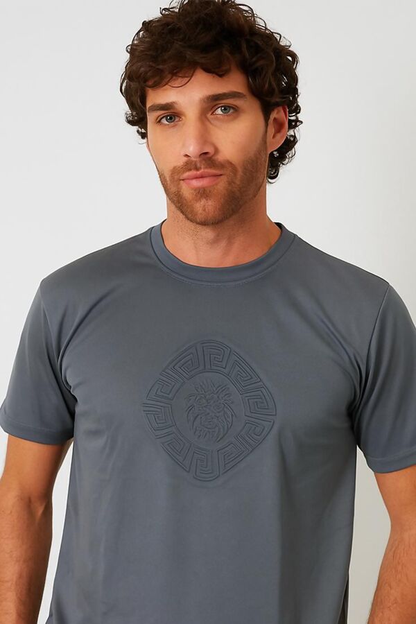 Slate Grey Embossed Lion Medallion Design T-Shirt