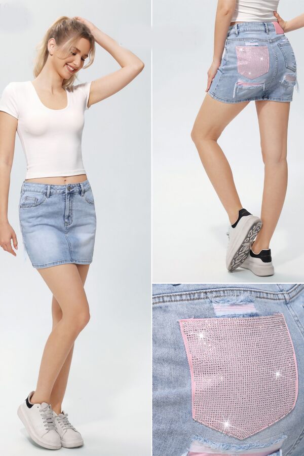Blue Distressed Denim With Pink Rhinestone Back Pocket Skirt