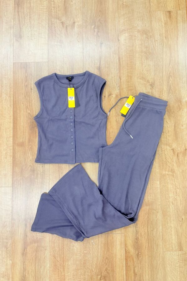 Slate Grey Ribbed Sleeveless Button Up Top With Wide Leg Trouser