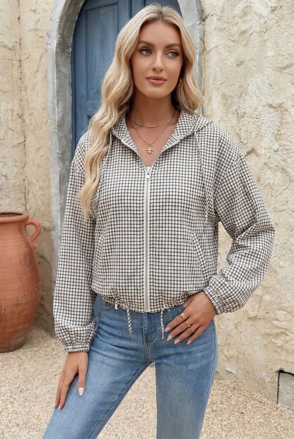 Wine Gingham Check Hooded Zip-Up Cropped Jacket