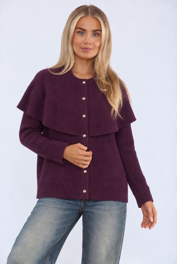 Wine Crew Neck Cape Button Up Ribbed Cardigan 