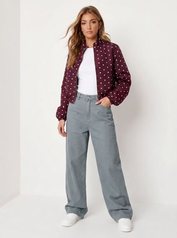 Wine Polka Dot Bubble Hem Zip Windbreaker Jacket