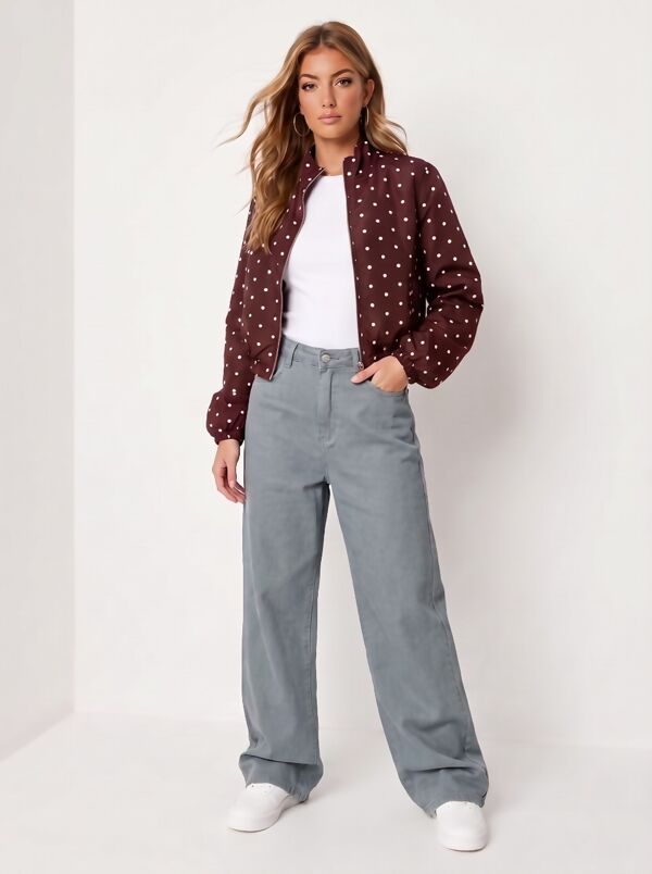 Wine Polka Dot Bubble Hem Zip Windbreaker Jacket