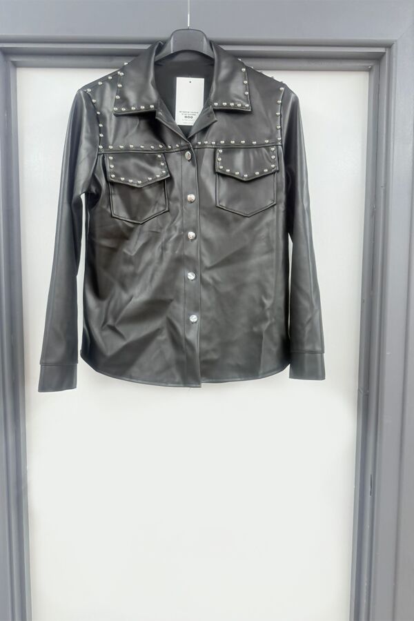 Black Studded Pu Leather Button Up Pocket Long Sleeve Shirt