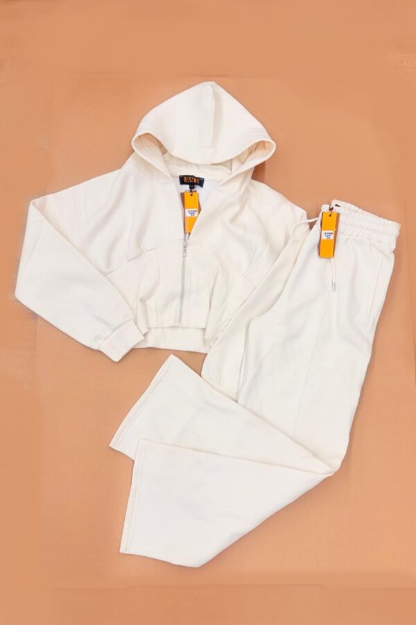 Ivory Ribbed Corset Fit Hoodie With Straight Leg Trouser