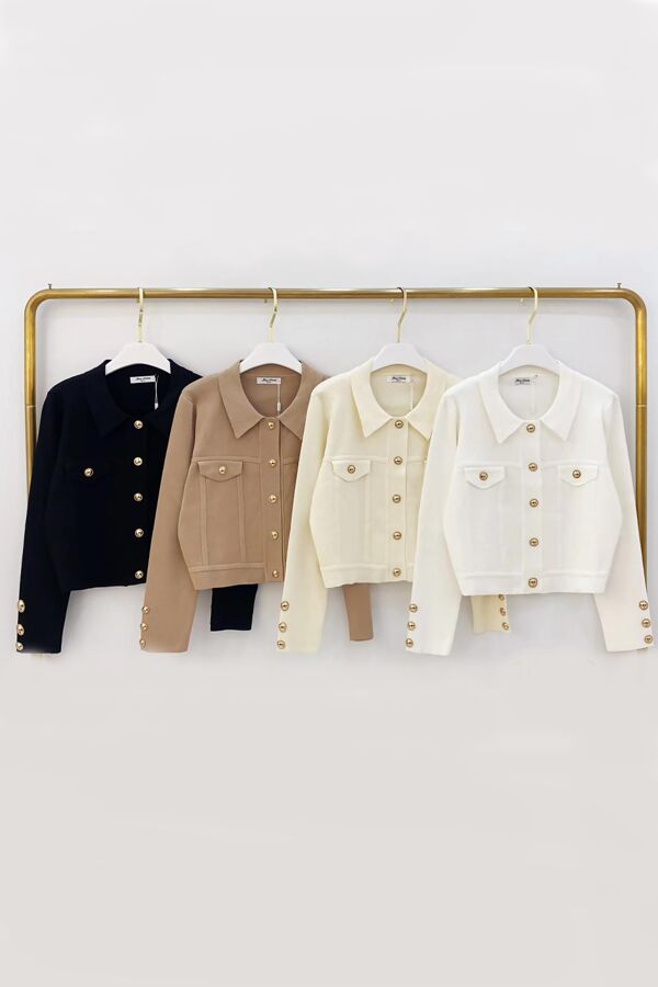 Cropped Gold Button Embellished Knit Cardigan