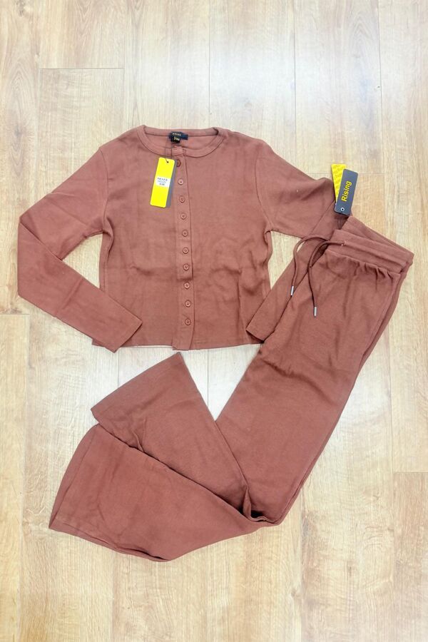 Brown Ribbed Molly Button Through Top and Wide Leg Trousers