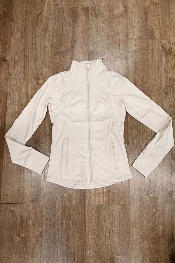Beige High Neck Fitted Zip-Up Lightweight Athletic Jacket
