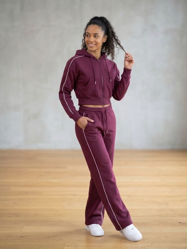 Wine Hooded Zip-Up & Stripe Detail Jogger Tracksuit Set